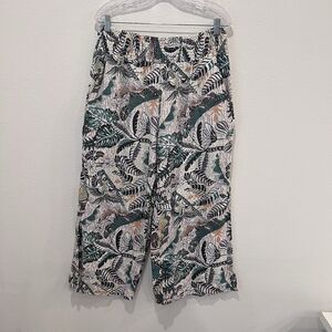 Tahari Linen Blend Wide-Leg Cropped Tropical Print Pants Elastic Waist Sz XL